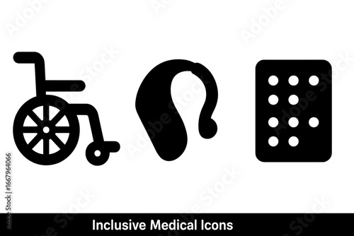 Inclusive medical icons. Disability aid symbol set. Wheelchair, hearing aid, braille chart. Accessibility concept for handicapped people. Hearing loss, blindness, mobility aid.