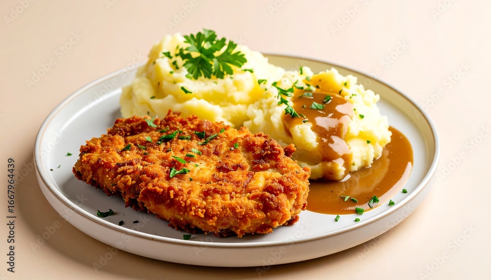 Crispy chicken fried steak served with creamy mashed potatoes and savory gravy at a cozy lunch spot Crispy chicken fried steak served with creamy mashed potatoes and savory gravy at a cozy lunch spot