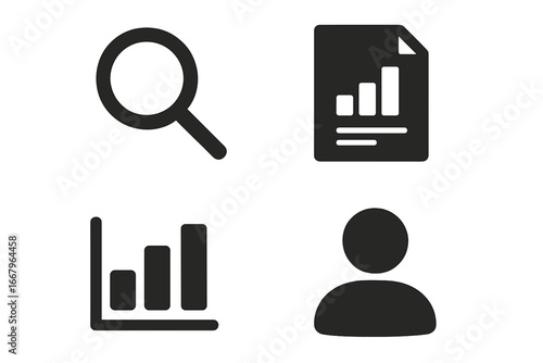 Insights icon set. Solid filled icons for business analytics, data reporting, and market research. Magnifying glass, report document, statistics bar chart, and user profile symbol.