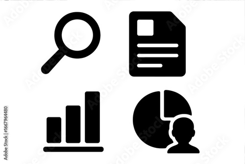 Data analysis icon set. Solid glyph icons for business intelligence, reporting, and market research. Magnifying glass, document, bar graph, user segmentation pie chart vector.