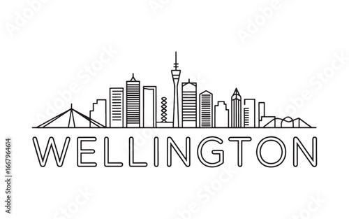 Minimalist Skyline of Wellington New Zealand An Iconic Urban Landscape Featuring Notable Landmarks in a Clean Black and White Design