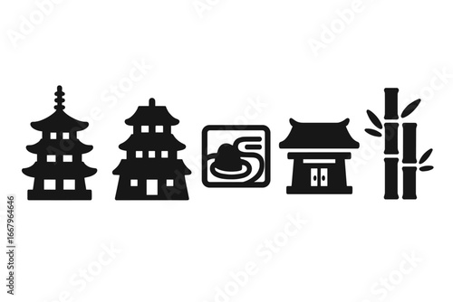 Japanese architecture icon set. Solid glyph symbols of Japan. Traditional culture elements like pagoda, castle, zen garden, shinto shrine, and bamboo. Asian travel landmark.
