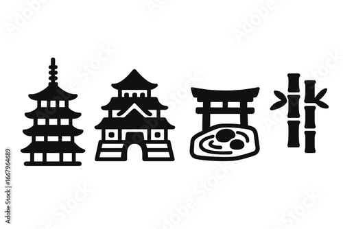 Japanese culture icons. Solid silhouette set of Japan travel symbols. Pagoda, castle, torii gate, zen garden, and bamboo. Traditional asian architecture vector illustration.