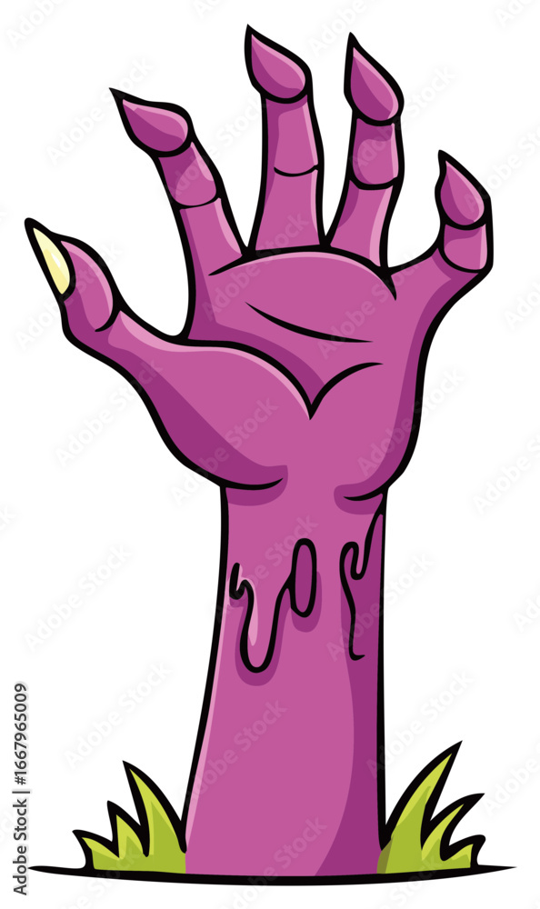 Fototapeta premium Cartoon Purple Zombie Hand Rising From the Ground with Dripping Gore and Pointed Fingernails
