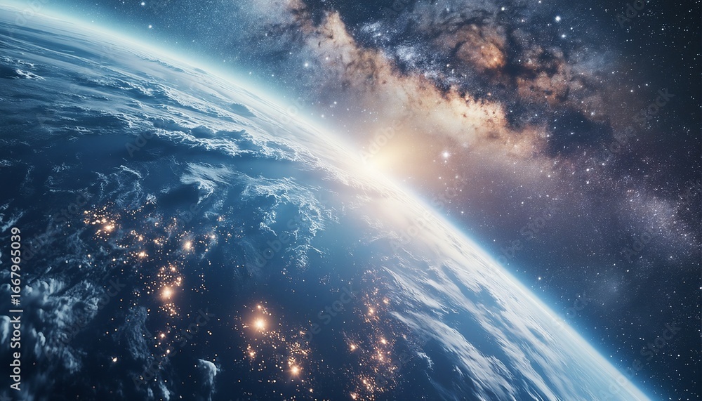 Fototapeta premium a breathtaking view of earth's curvature transitioning into the vibrant expanse of the milky way galaxy with city lights twinkling below.