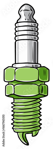 Green and silver cartoon spark plug illustration for automotive repair and engine ignition.