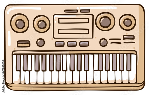 Synthesizer Cartoon Vector Illustration, Cute Electronic Keyboard with Buttons and Display Screen, Musical Instrument