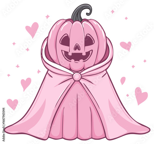 Cute Kawaii Pink Jack O'Lantern Ghost in a Hooded Cloak with Hearts
