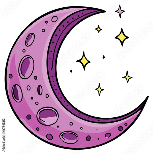 Purple crescent moon with detailed craters and sparkling yellow stars in a whimsical cartoon style