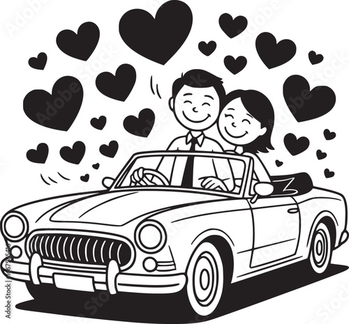 Love Ride: A monochrome image depicting a couple in an open-top car, surrounded by hearts, epitomizing love, romance, and the joy of companionship.