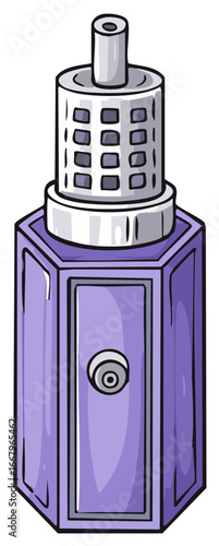 Illustration of a purple, hexagonal personal vaporizer device with a silver mouthpiece