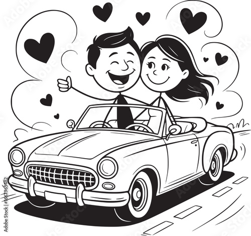 Couple in Love in Convertible Car: A hand-drawn illustration captures a joyful couple cruising in a classic convertible, surrounded by floating hearts, conveying love, happiness.