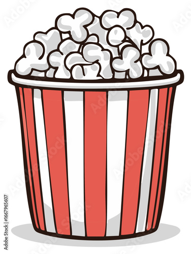 Classic striped popcorn bucket overflowing with fluffy popped corn kernels for movies