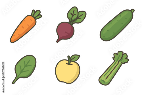 Set of fresh juice ingredients icons in flat cartoon style. Vector illustration of healthy food for detox or diet. Includes carrot, beetroot, cucumber, spinach, apple, celery.