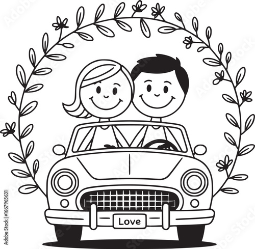Love's Journey:  A charming sketch depicts a happy couple embarking on a road trip in a classic car, framed by a wreath of delicate leaves, symbolizing the start of their love story. 