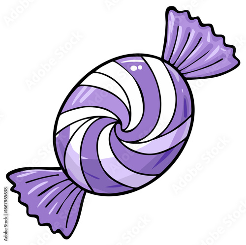 Whimsical Purple and White Striped Wrapped Candy Illustration on White Background
