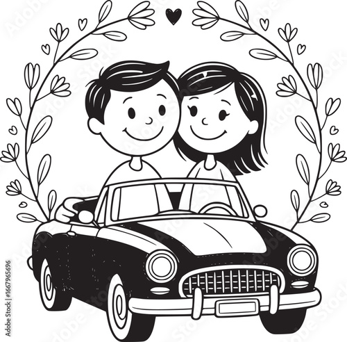 Couple's Romantic Drive: A loving couple embarks on a romantic journey in a classic car. Surrounded by floral embrace, symbolizes the love's beginnings and shared dreams.