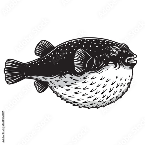 black and white silhouette vector of puffer fish with white background