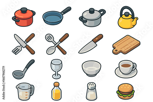 Kitchen and dining isometric icons set. Cookware, utensils, culinary symbols. Vector cartoon illustration for cooking, food, and restaurant concepts. Isolated graphic elements.