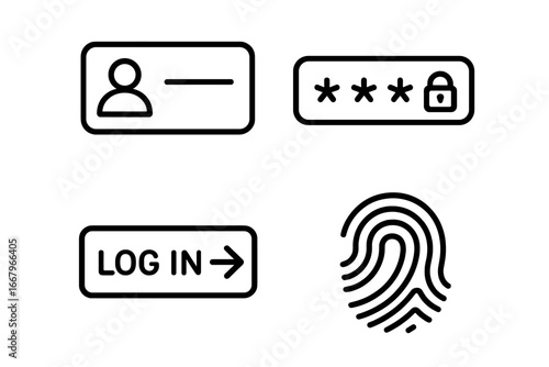 Authentication icon set. User login and password entry. Fingerprint biometric identification access. UI UX web design elements. Security and account protection concept vector.