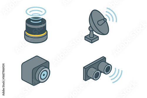 Isometric icon set of autonomous sensors for self-driving cars. Includes LiDAR scanner, radar dish, camera module, and ultrasonic sensors. Driverless technology vector concept.
