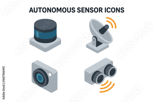 Autonomous sensor icon set. Isometric vector illustrations of LiDAR scanner, radar dish, camera module, and ultrasonic sensor for self-driving car technology and vehicles.
