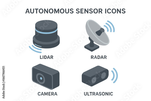 Isometric icon set of autonomous car sensors. LiDAR scanner, radar dish, camera module, and ultrasonic sensors for driverless vehicles. ADAS technology vector graphic elements.
