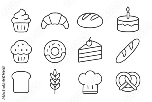 Bakery icon set. Pastry and bread outline symbols. Linear vector graphic collection with cupcake, cake, croissant, donut, muffin for cafe menu design. Baking food elements.