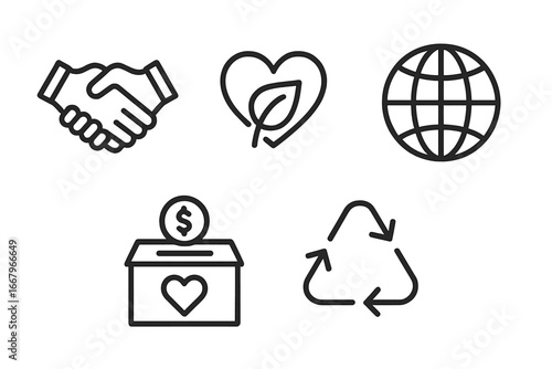 CSR icon set. Corporate Social Responsibility outline icons. Vector collection for business ethics, sustainability, environment, charity, community, donation, eco friendly concept.