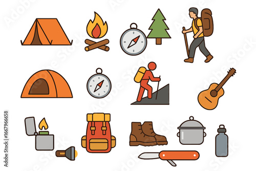 Camping adventure icons set. Flat outdoor hiking and gear illustrations. Vector collection of equipment for trekking, travel, nature exploration. Campfire, tent, hiker symbols.