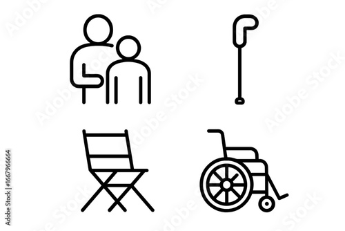 Caregiver and senior care line icon set. Disability assistance, nursing help symbols. Outline vector pictograms of wheelchair, walking cane, volunteer support, folding chair.