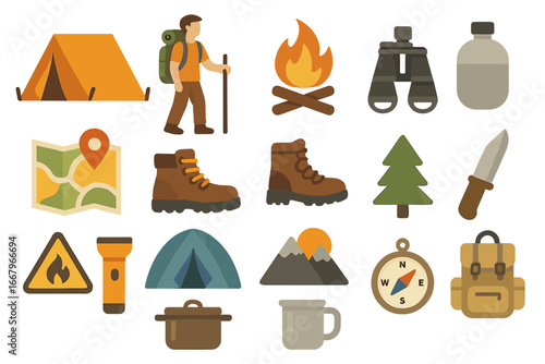 Camping adventure icons set. Flat outdoor hiking and travel gear illustrations. Vector collection of equipment for nature exploration, tourism and survival. Camp concept.