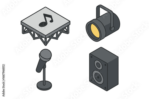 Live performance isometric icon set. Vector illustration of stage, microphone, spotlight, speaker. Music concert, show, festival, and entertainment audio equipment icons.