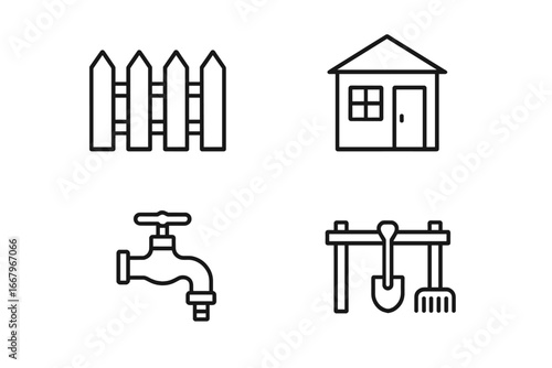 Community garden outline icon set. Vector icons of garden plot, fence, shed, water spigot, shared tools. Gardening, agriculture, farming symbols for web and mobile design.