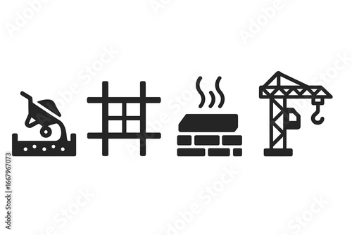 Construction stages icon set. Building process solid glyphs. Foundation pour, steel rebar framework, concrete curing and tower crane vector symbols. Industry pictogram pack.