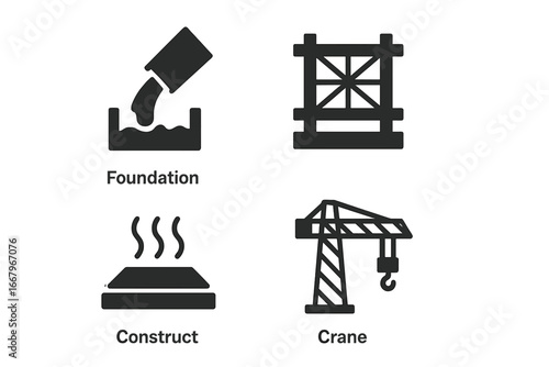 Building construction process icons. Solid vector pictogram collection showing stages: pouring concrete foundation, steel framework, scaffolding, cement curing, and a tower crane.