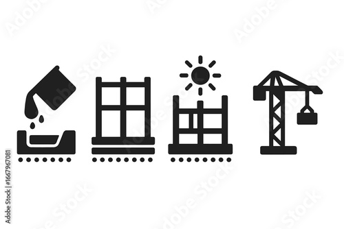 Construction process icons. Building stages glyph set. Foundation pouring, steel framework, concrete curing and crane lifting. Engineering, architecture and development symbols.