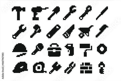 Construction tools icon set in pixel art style. Solid black silhouettes for DIY, building, and repair projects. Vector collection of work hardware essentials. Retro 8-bit game graphics.