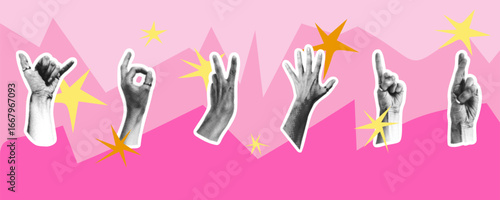 Halftone hands. Realistic black and white arm, different gestures, pop art, old vintage newspaper clippings, thumbs up, heart and ok. Cutout palm. Doodle trendy elements. Vector isolated illustration