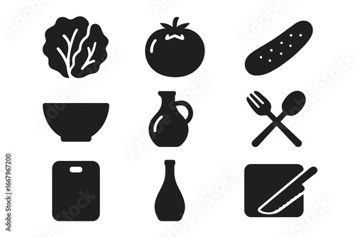 Culinary and cooking solid icons set. Silhouette kitchen and food preparation symbols. Vector ingredients for recipe guides like lettuce, tomato, cucumber, bowl and oil.