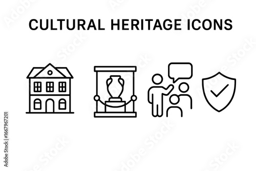 Cultural heritage outline icons. Vector icon set for historic preservation, museum exhibit, guided tour, artifacts. History, tourism and conservation concept thin line illustration.