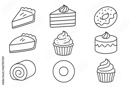 Dessert and sweets line icon set. Pastry, bakery food collection. Minimalist outline drawing of cake slice, pie, cupcake, donut, swiss roll. Simple vector illustration.