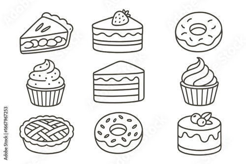 Dessert icon set with cake, pie, donut, cupcake. Sweet food collection. Minimalist line art pastry illustration. Bakery menu elements. Vector outline drawing for coloring book.
