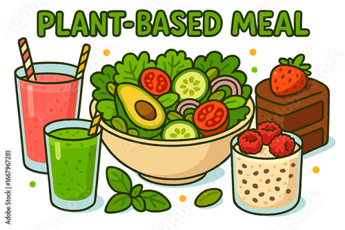 Plant-based meal vector illustration. Healthy vegan food concept with fresh salad, avocado, smoothie, and dessert. Cartoon drawing for diet, nutrition, and vegetarian lifestyle.