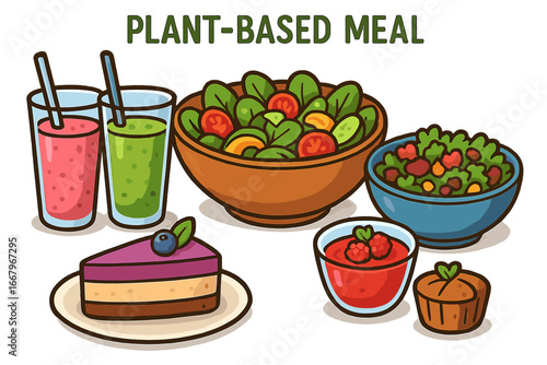 Plant-based meal cartoon set. Healthy vegan food collection with salad, smoothie, juice and dessert. Vector illustration for vegetarian lifestyle, clean eating, diet, and nutrition concept.