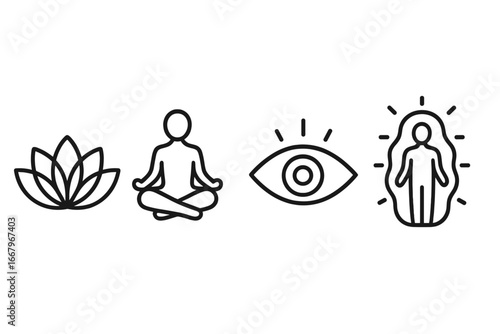 Enlightenment spiritual icon set. Vector line art of meditation, yoga, lotus flower, third eye and glowing aura. Mindfulness, harmony, and wellness concept illustration.