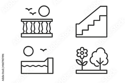 Environmental outline icon set. Vector line art symbols for different contexts. Seaside balcony, indoor staircase, infinity pool edge, hotel resort, garden and nature park.