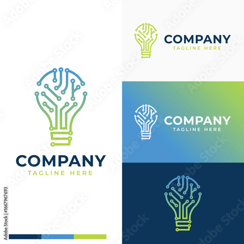 Bulb lamp ideas circuit board chip tech logo symbol icon flat stock vector design