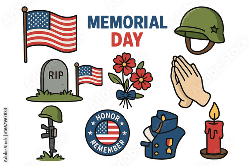 Memorial Day vector icon set with USA symbols for commemoration. Cartoon illustration collection with flag, soldier grave, helmet, poppy and medal to honor and remember the fallen.