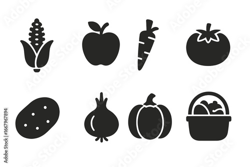 Fresh produce glyph icon set for farming and harvest. Vector silhouette icons of healthy organic food: corn, apple, carrot, tomato, potato, onion, pumpkin, and grocery basket.